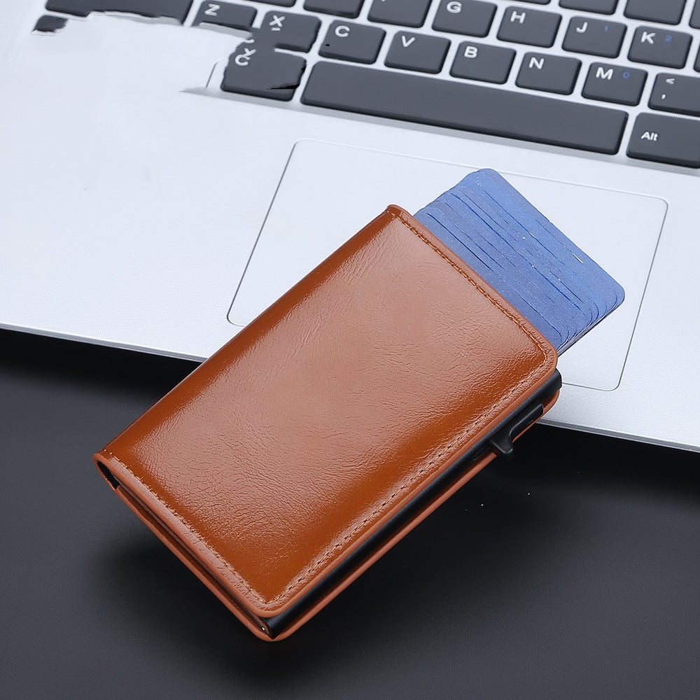New Anti-Magnetic Side Push Aluminum Box Card Holder Oil Wax Leather Men'S Card Holder