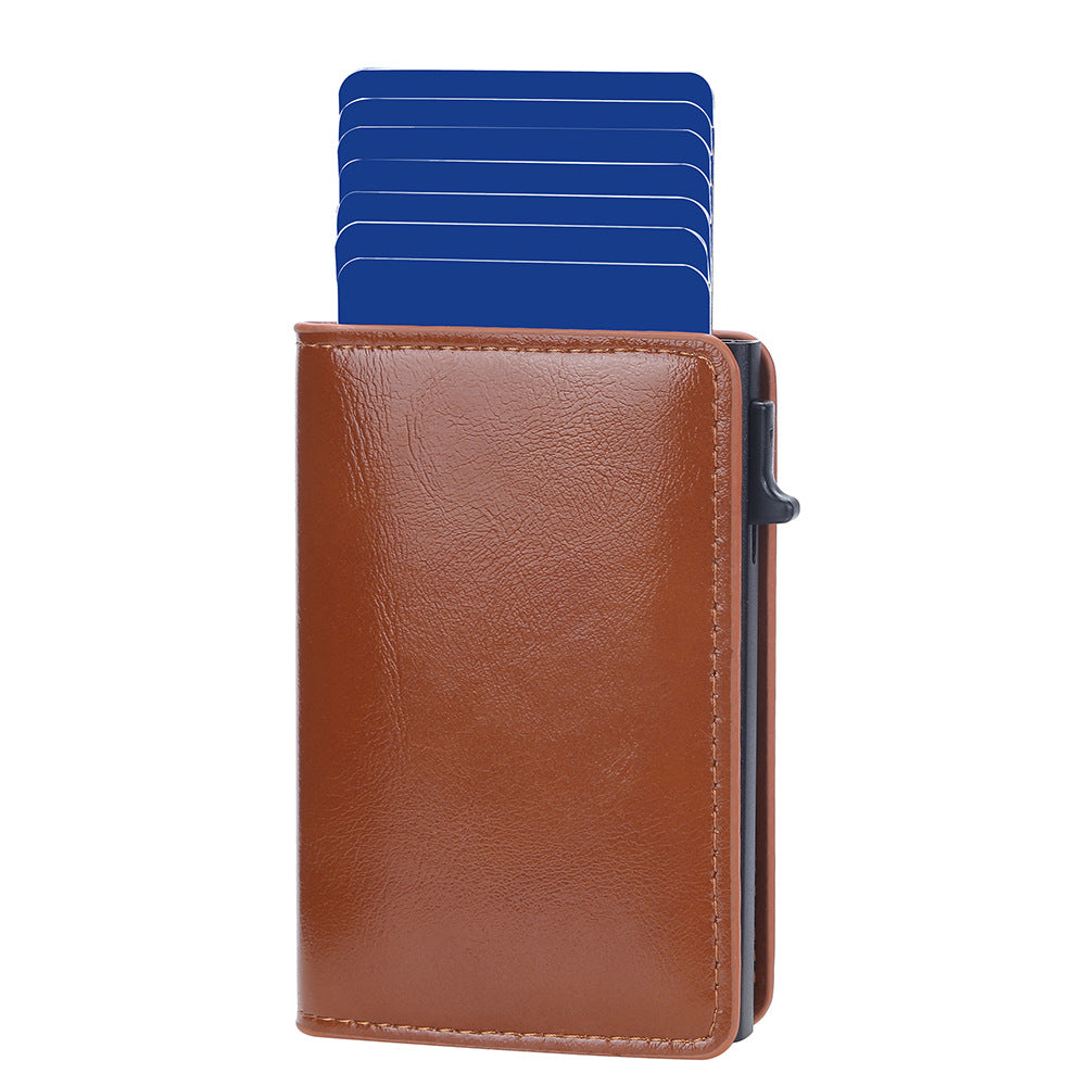 New Anti-Magnetic Side Push Aluminum Box Card Holder Oil Wax Leather Men'S Card Holder