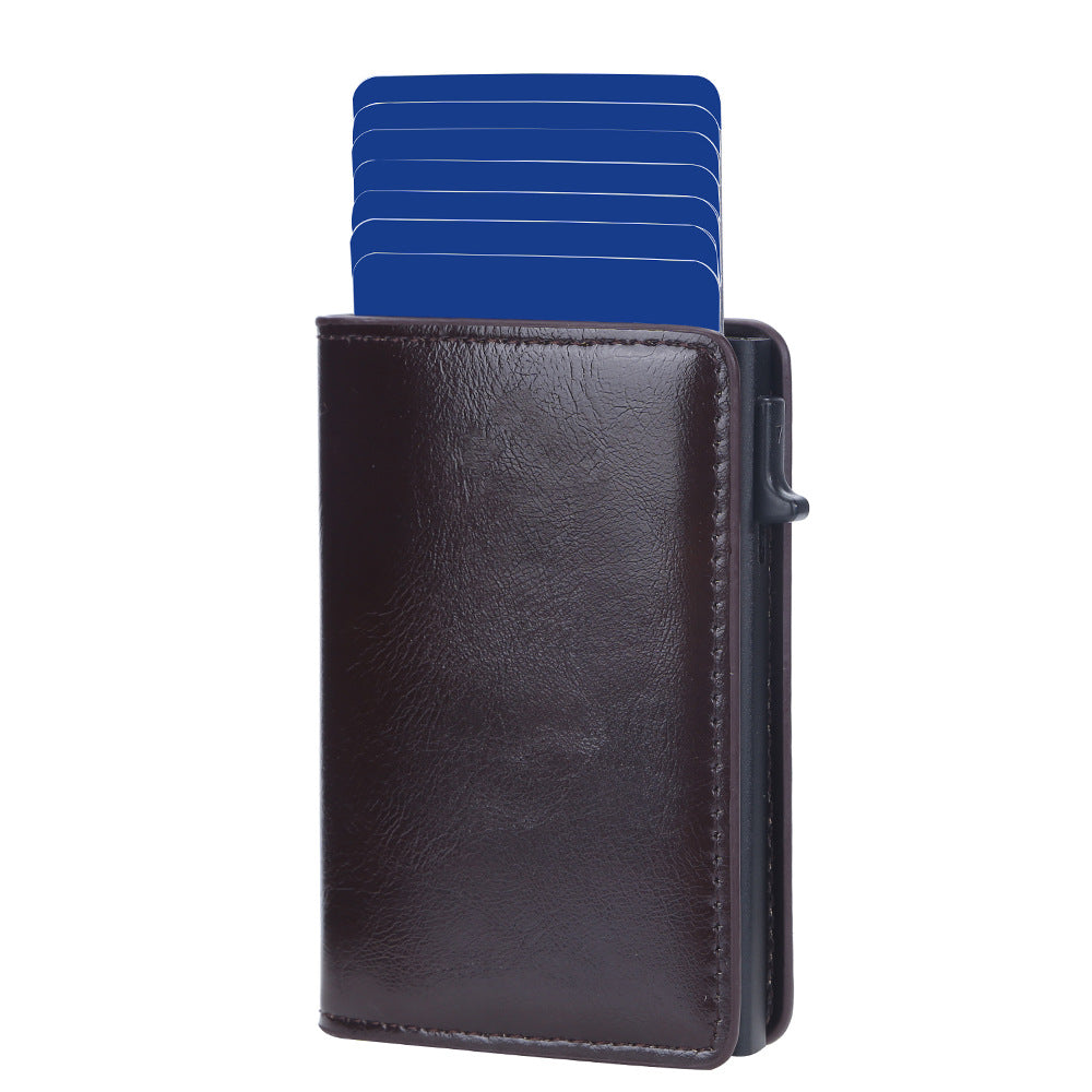 New Anti-Magnetic Side Push Aluminum Box Card Holder Oil Wax Leather Men'S Card Holder