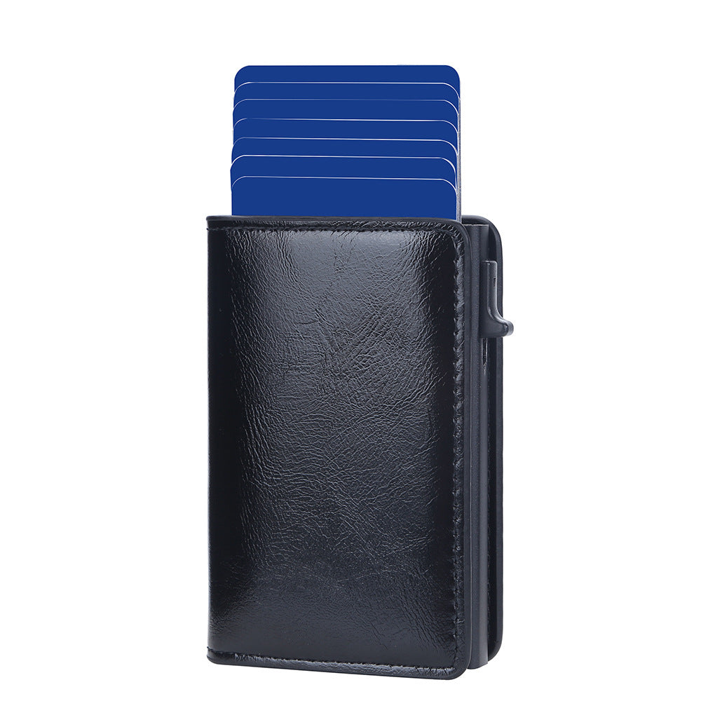 New Anti-Magnetic Side Push Aluminum Box Card Holder Oil Wax Leather Men'S Card Holder